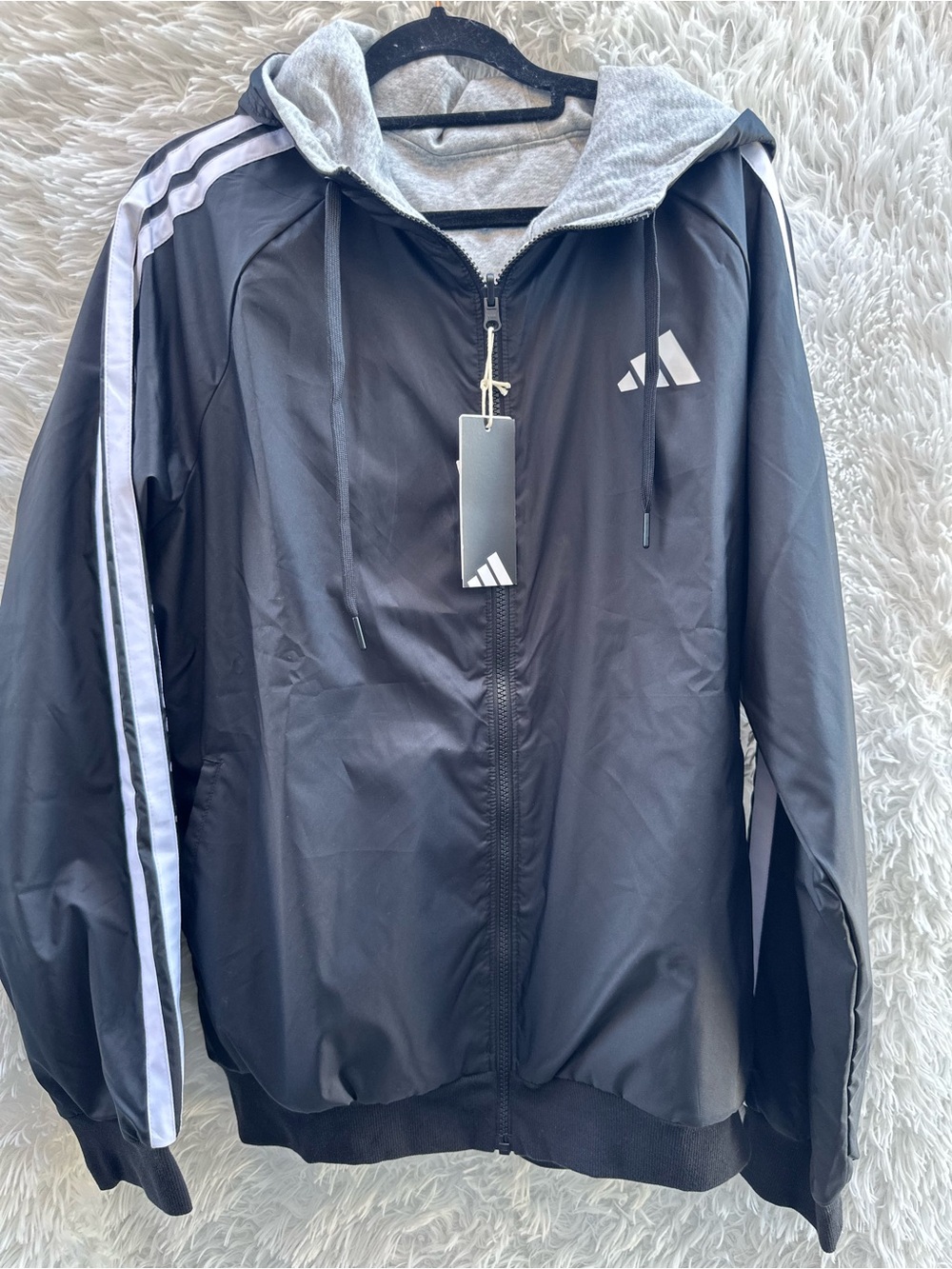 Adidas Black Hooded Track Jacket with White Stripes - reversible - Picture 3 of 6